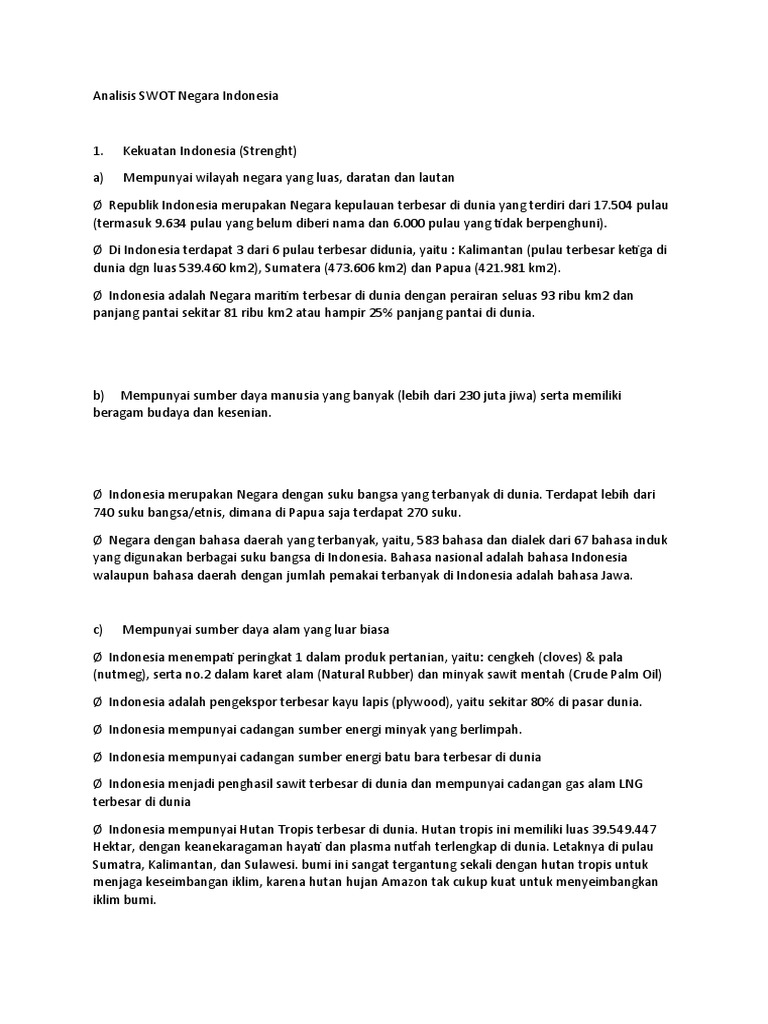 Analisis SWOT Negara Indonesia Lengkap | PDF