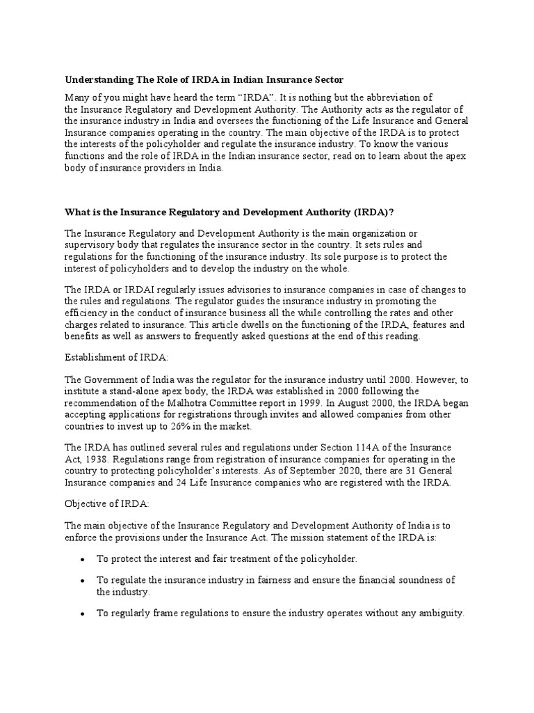 IRDA, Functions, Roles, Power, Duties Etc PDF Insurance Financial Services