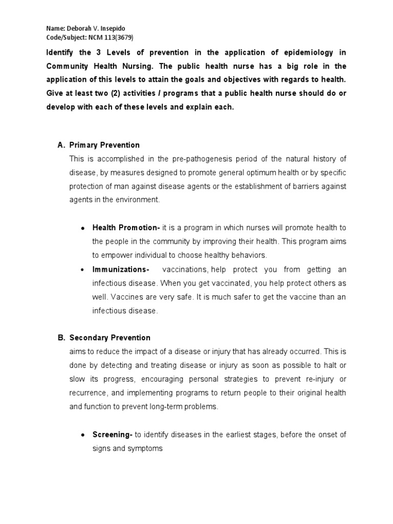 The Three Levels of Prevention in Community Health Nursing and ...