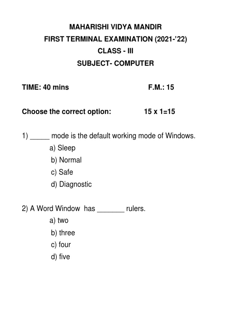 Computer Question Paper Class3 PDF Window Computer Architecture