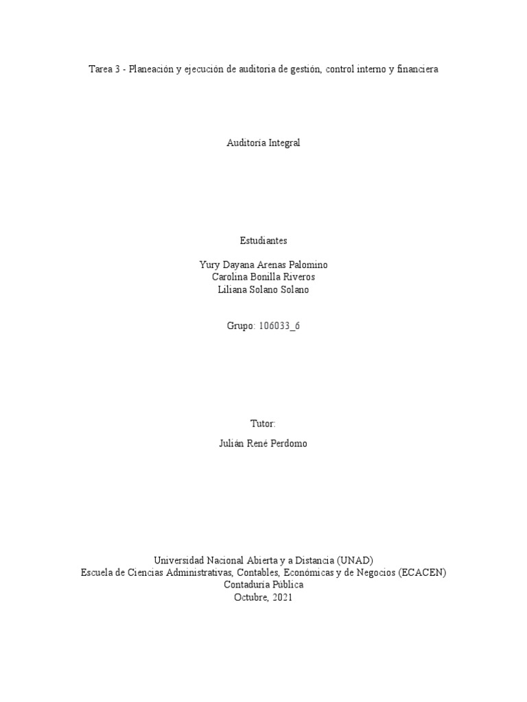 Planeación y Ejecución de Auditoria de Gestión, Control Interno y ...