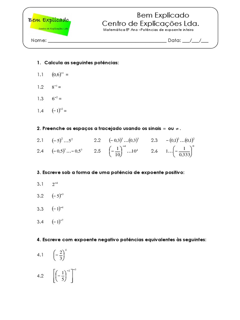 2.5 - Potências de Expoente Inteiro - Ficha de Trabalho | PDF