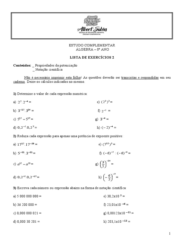 Lista 2 de Exercícios Potências | PDF | Exponenciação | Matemática