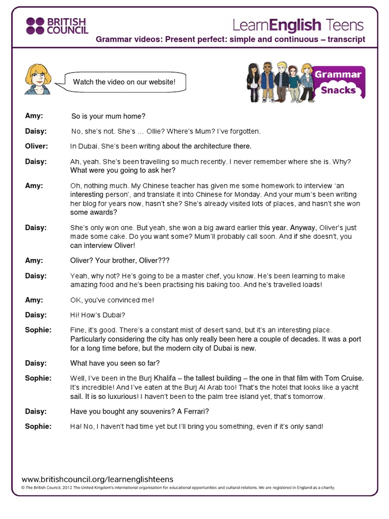 Grammar Videos: Present Perfect: Simple and Continuous - Transcript ...