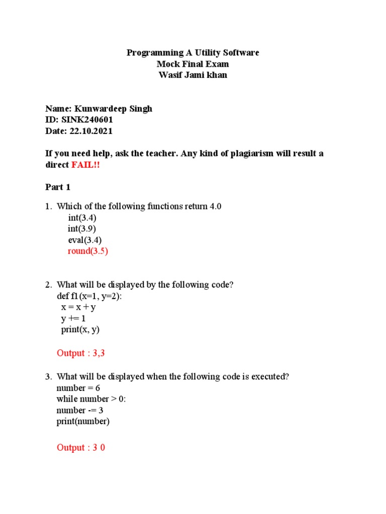 Mock Final Exam Python - Sol | PDF | Computer Programming | Teaching ...