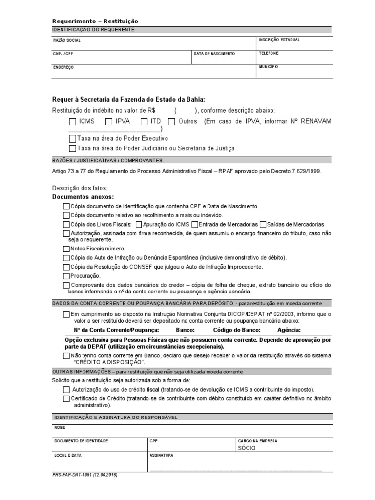 Requerimento de Restituicao | PDF | Conta de transação | Crédito