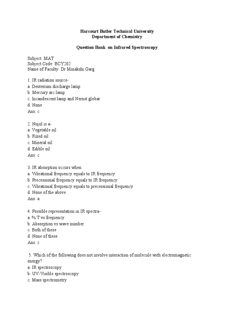 Question Bank On Ir SpectroscopyMat PDF Infrared Spectroscopy