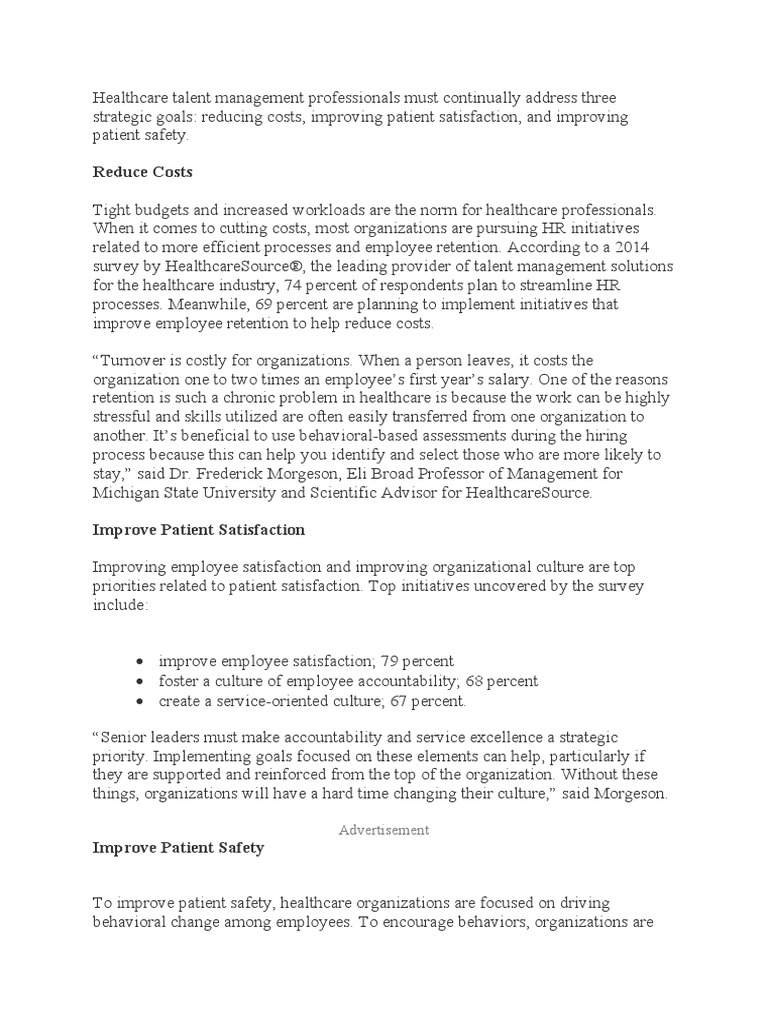 Three Strategic Goals of Healthcare PDF Health Care Talent Management