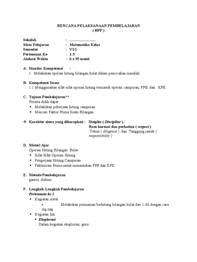 Rpp Matematika Kelas 6 Pdf