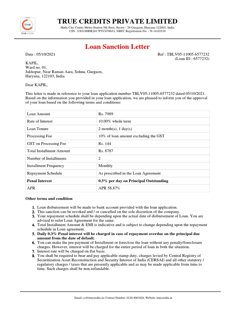 application letter for sanction of loan
