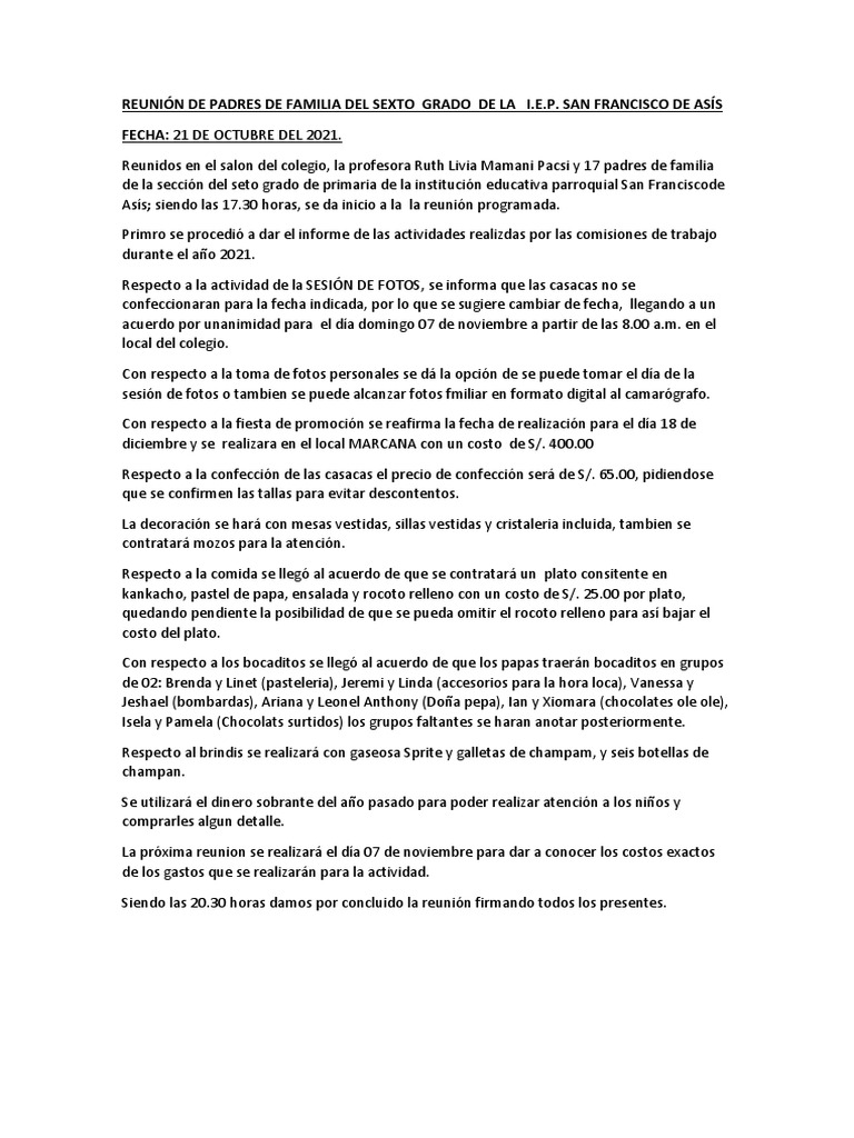 Reunión de Padres de Familia Del Sexto Grado 21 Octubre | PDF
