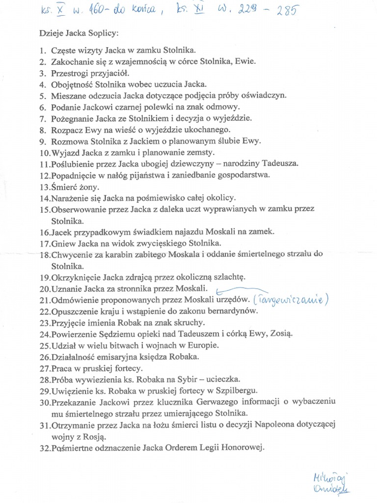Miłość Jacka Soplicy Do Ewy Dzieje Jacka Soplicy - Losy, Plan W Punktach | PDF