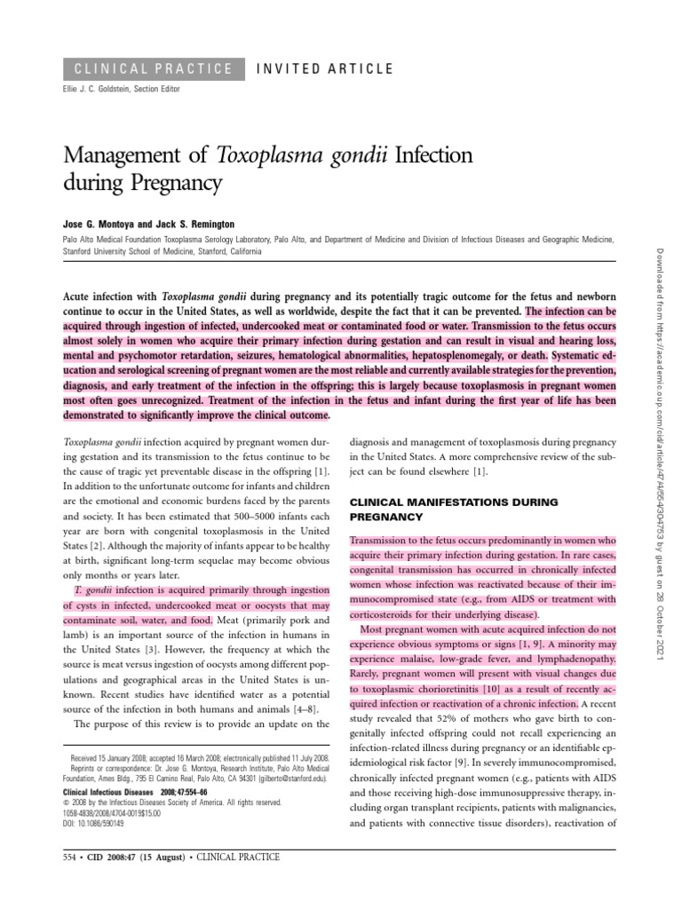 Management of Toxoplasma Gondii Infection During Pregnancy