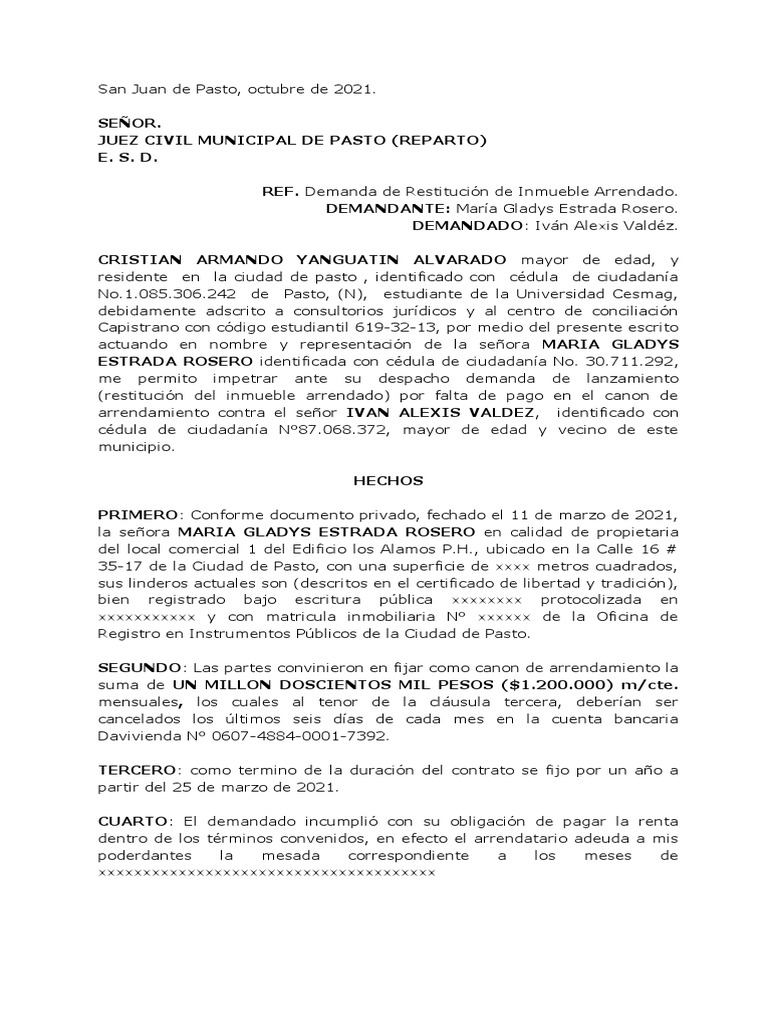 Demanda de Restitución de Inmueble Arrendado | PDF | Derecho Civil ...