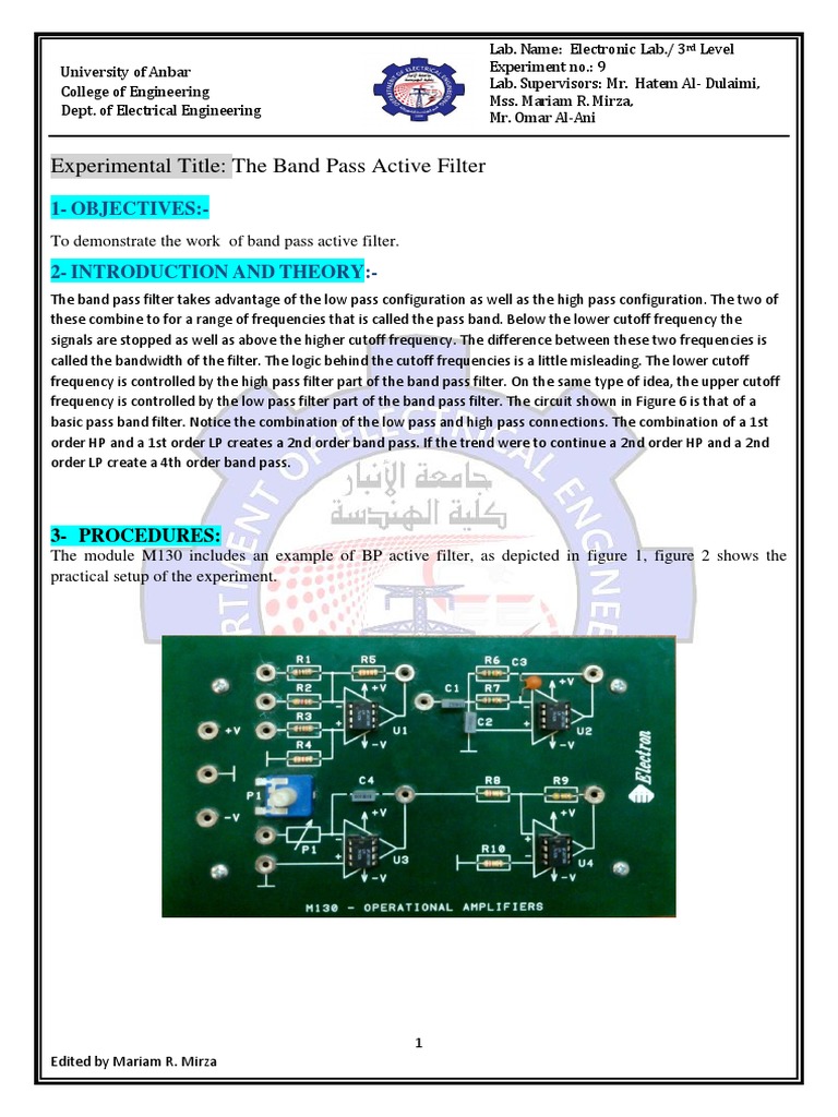 Active Band Pass Filter Experiment | PDF | Low Pass Filter | Filter ...