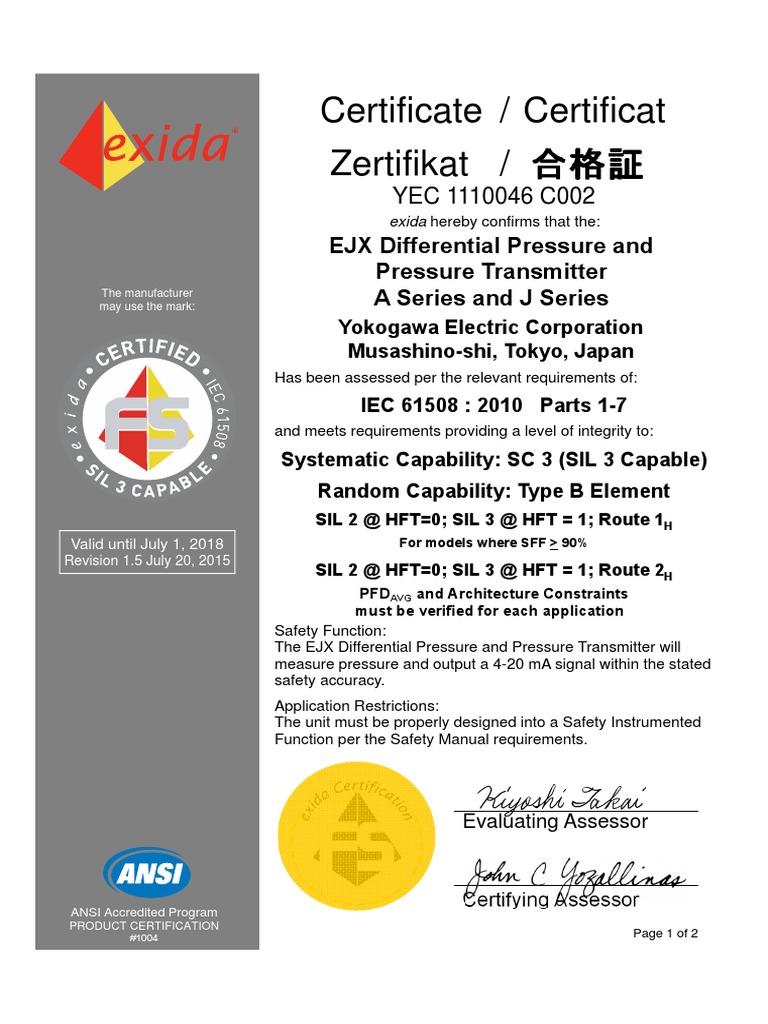 EJX Transmitter SIL 3 Certification | PDF | Systems Engineering | Safety