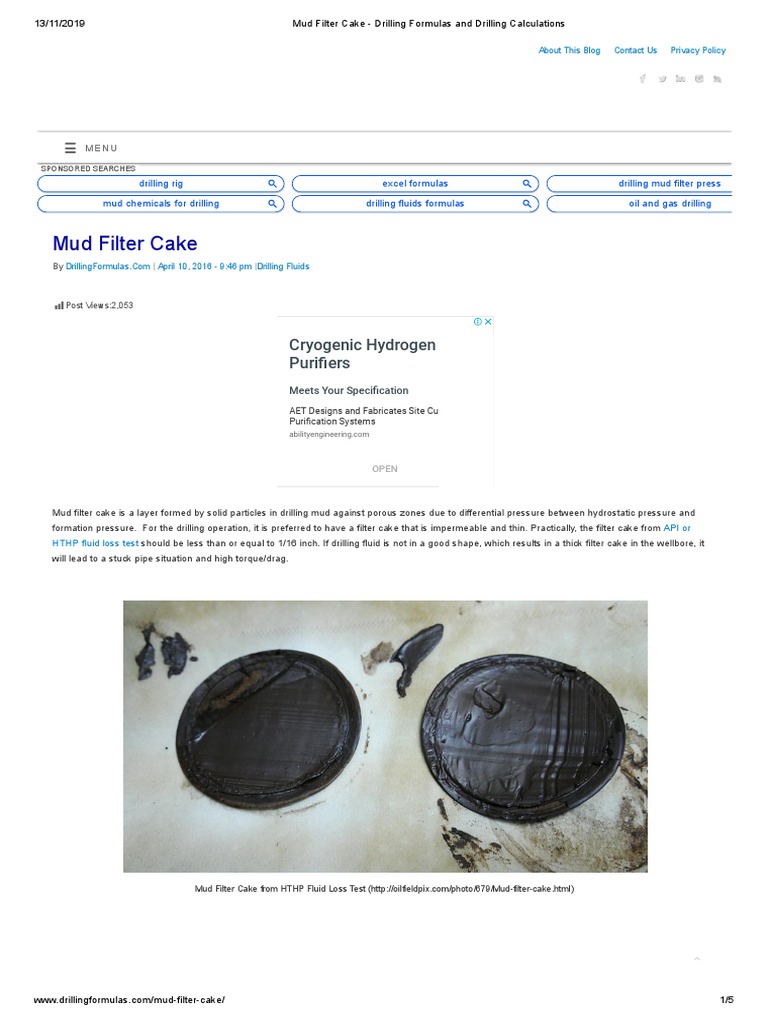 Mud Filter Cake Drilling Formulas and Drilling Calculations PDF Permeability (Earth