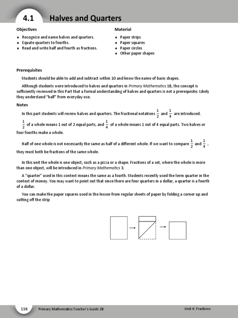 4.1 Halves and Quarters: Material Objecɵves | PDF