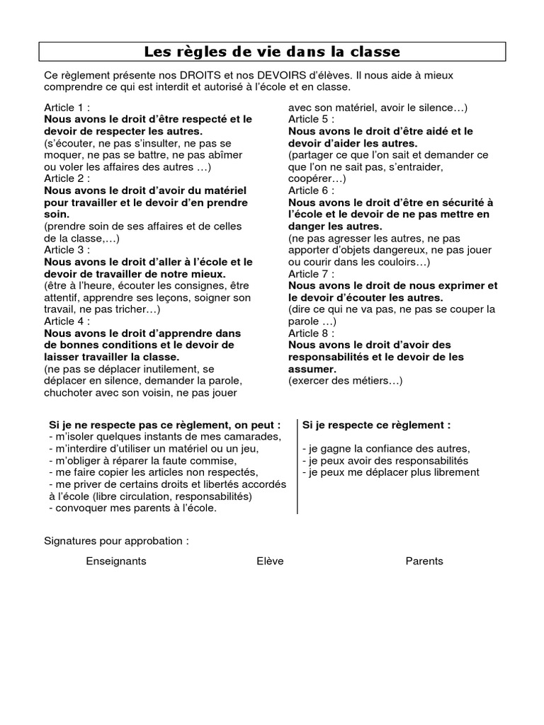 Les Regles de Vie Dans La Classe | PDF