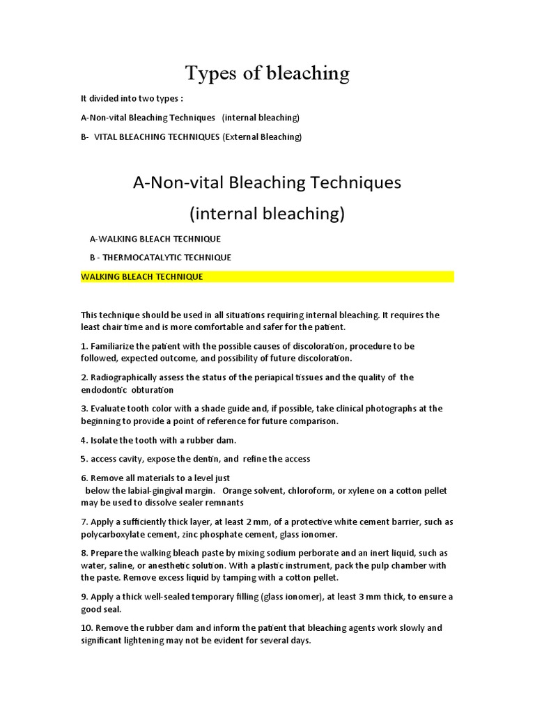 Types of Bleaching: A-Non-vital Bleaching Techniques (Internal ...