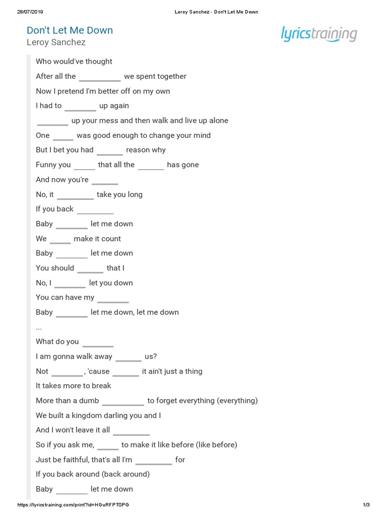 Printable Lyrics To Dont Let Me Down