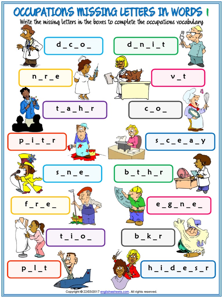 Occupations Vocabulary Esl Missing Letters in Words Worksheets For Kids ...
