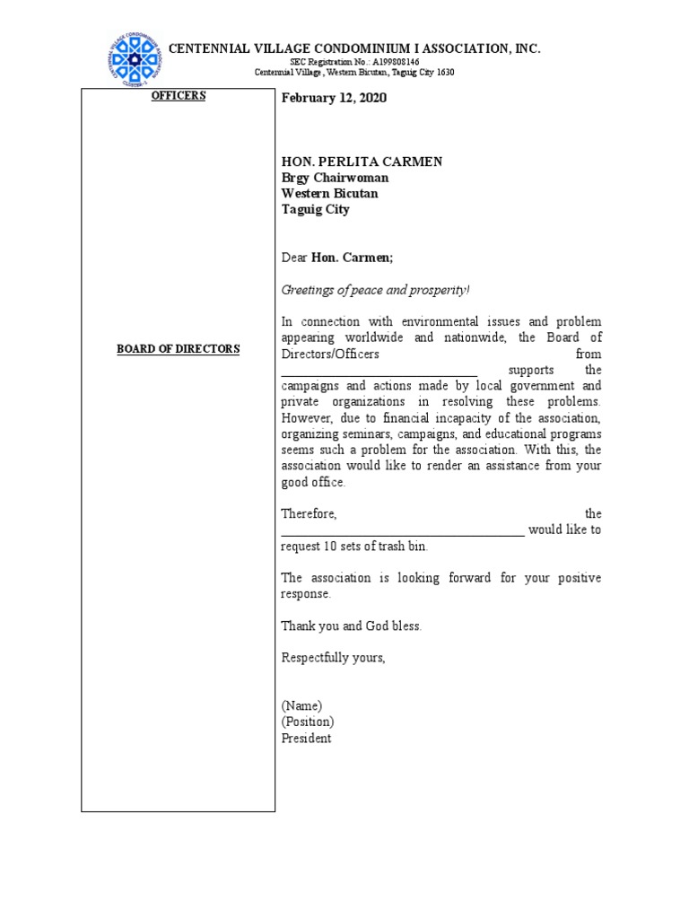 Request for Trash Bins Assistance | PDF