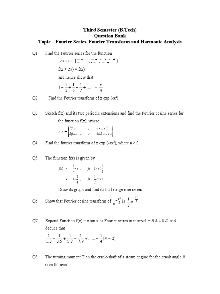 Third Semester (B.Tech) Question Bank Topic Fourier Series, Fourier