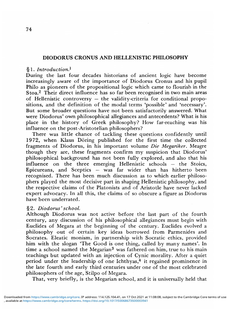Diodorus Cronus and Hellenistic Philosophy PDF Ancient Philosophy