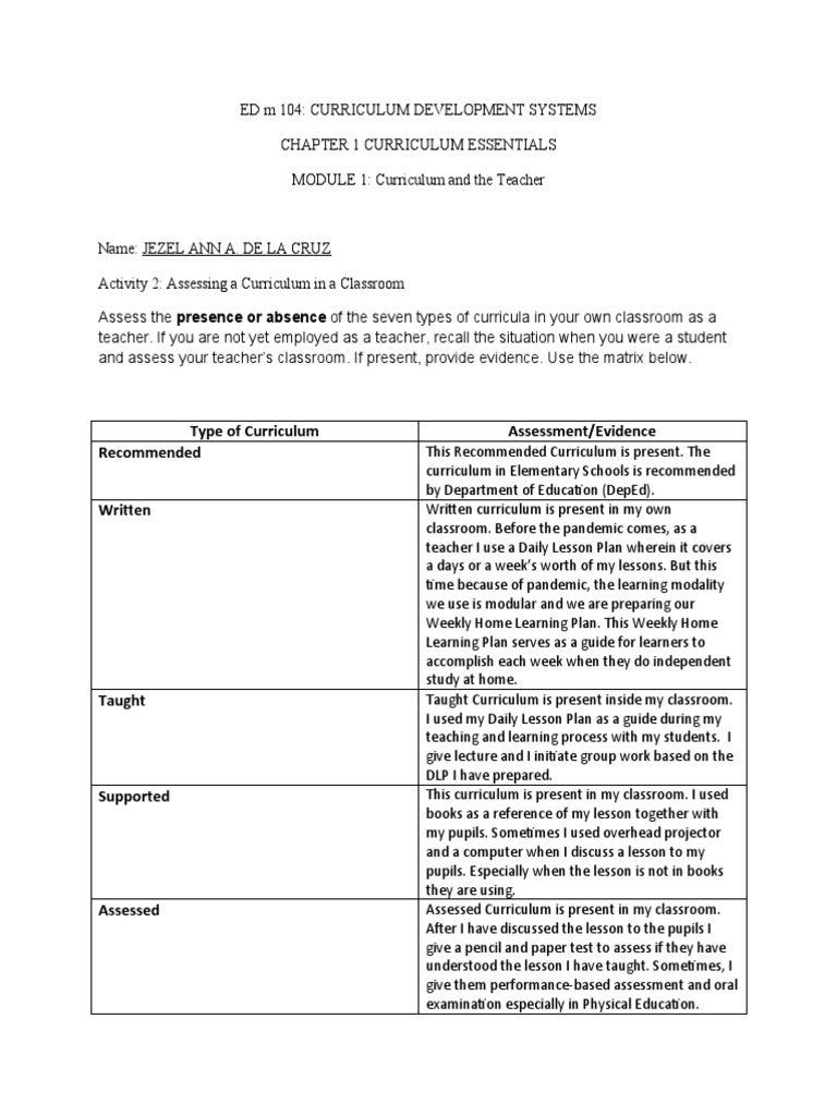 Activity 2 Assessing A Curriculum in A Classroom | PDF | Curriculum ...
