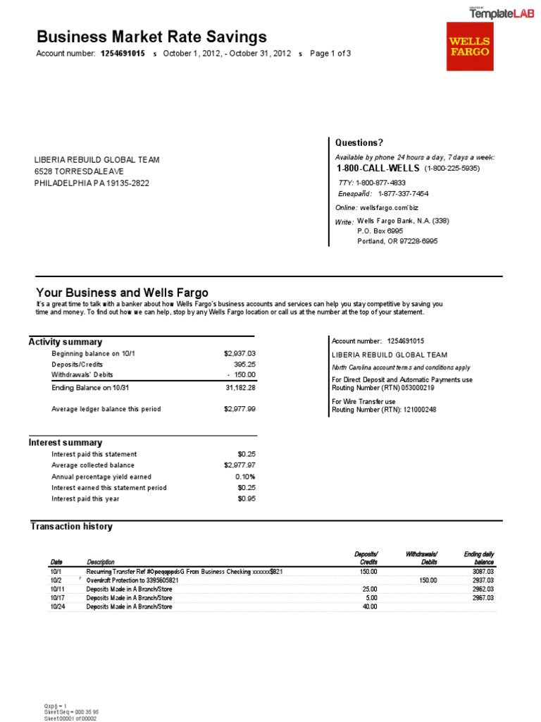 Wells Fargo Business Account Statement | PDF