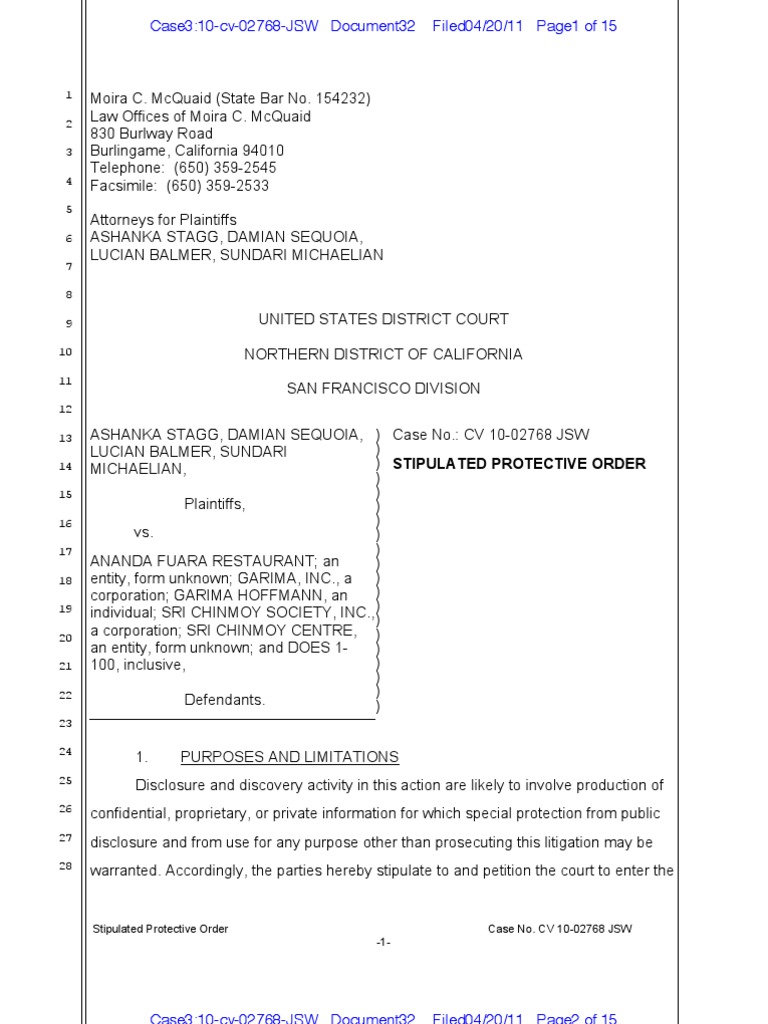 Stipulated Protective Order Discovery (Law) Deposition (Law)