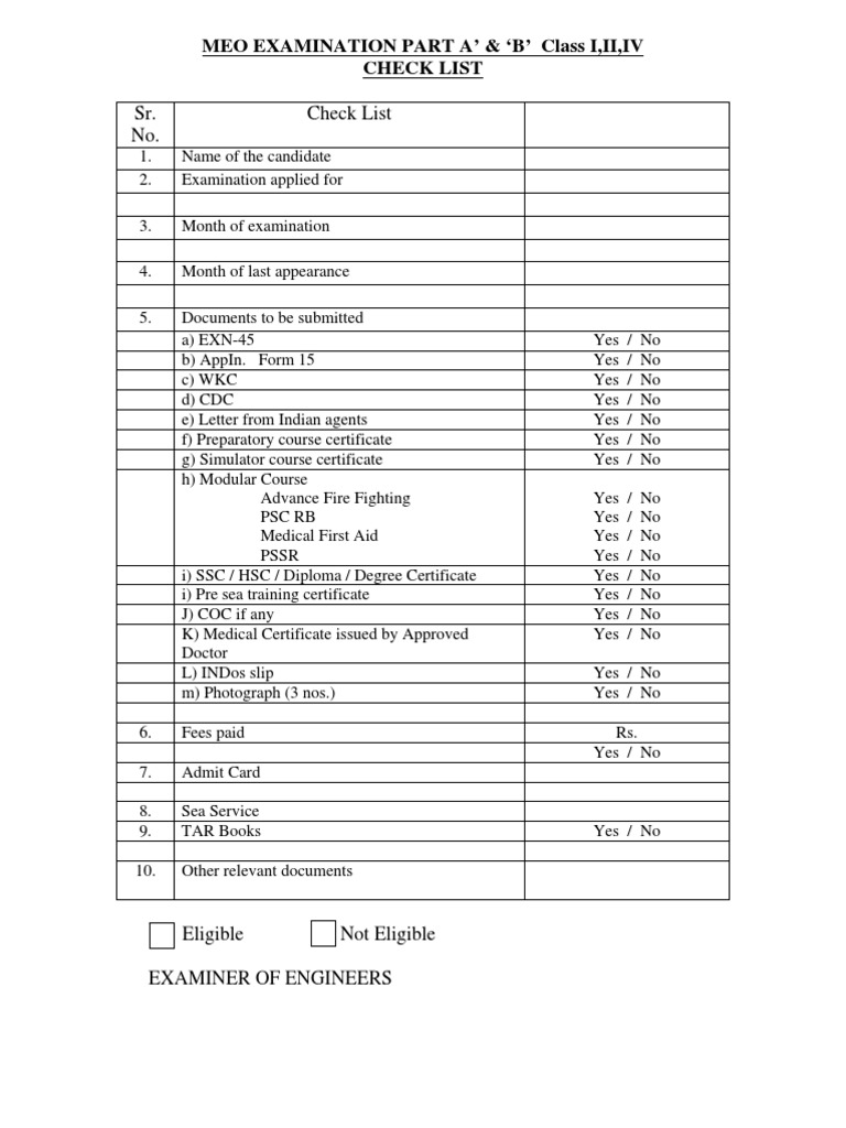 MEO Exam Class I & II Checklist | PDF