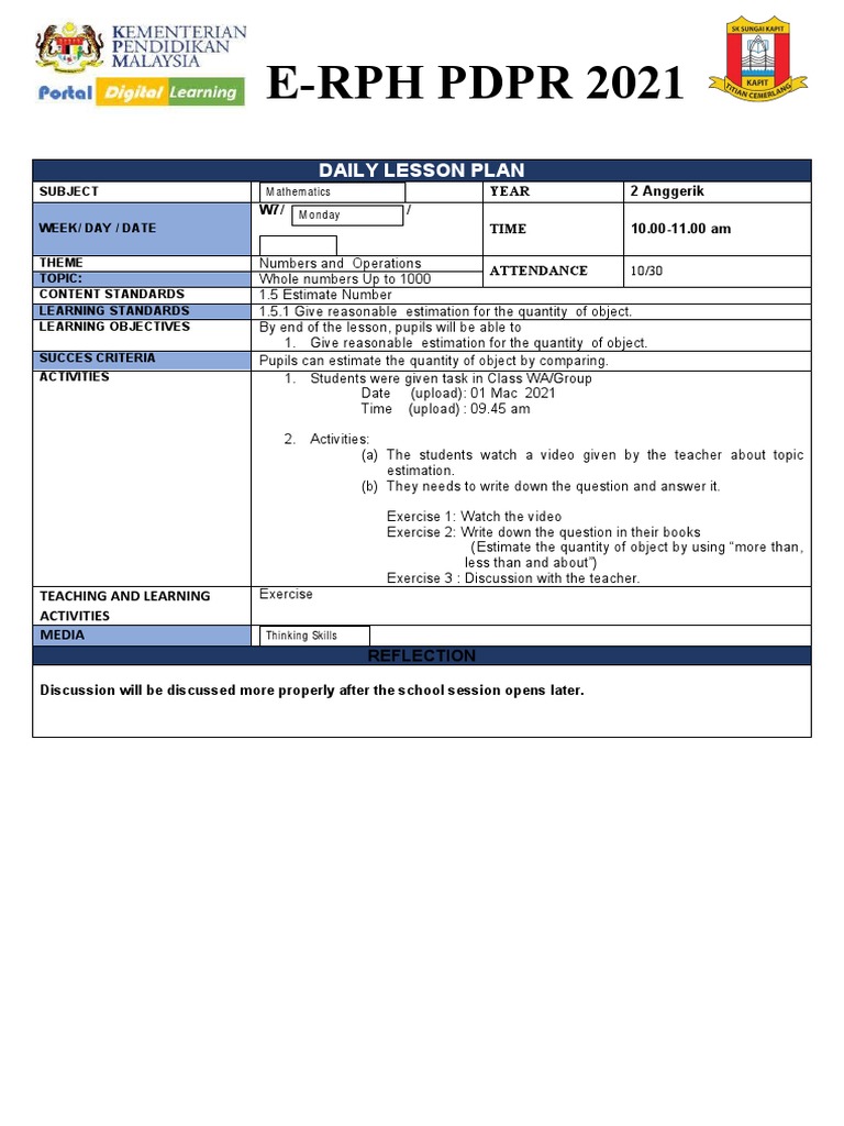 E-RPH PDPR 2021: Daily Lesson Plan | PDF