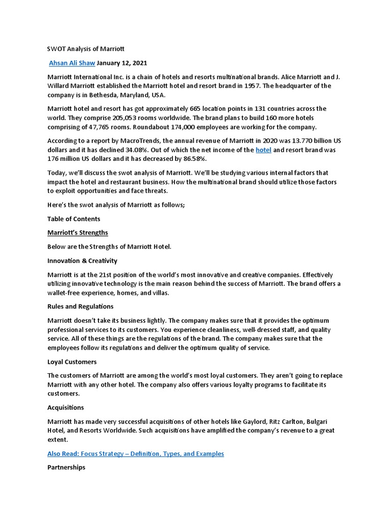Marriott SWOT Analysis Overview | PDF | Marriott International | Hotel