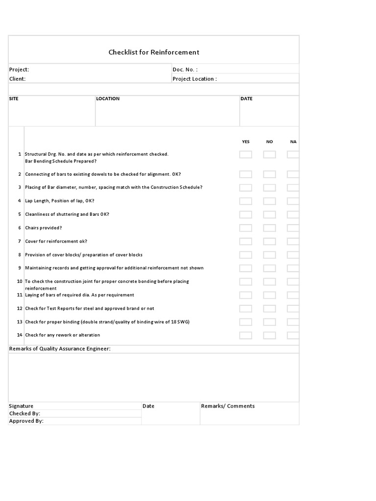 Reinforcement Work Checklist | PDF