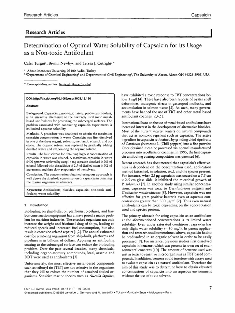 Determination of Optimal Water Solubility of Capsaicin PDF