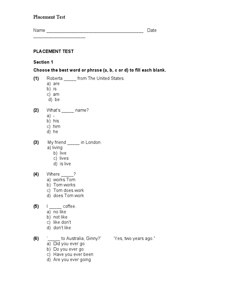 English Placement Test Questions | PDF
