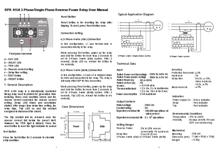 RPR 415A 3Phase/SinglePhase Reverse Power Relay User Manual PDF