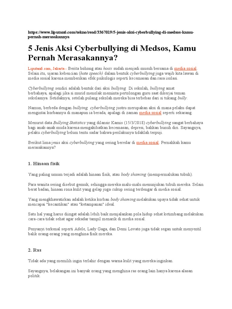 5 Jenis Cyberbullying di Media Sosial | PDF