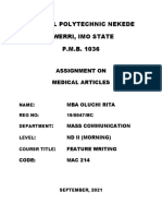Federal Polytechnic Nekede Owerri, Imo State P.M.B. 1036: Assignment On Medical Articles