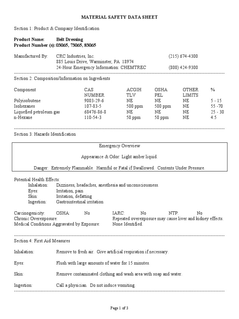 CRC 3065 Belt Dressing PDF Materials Working Conditions