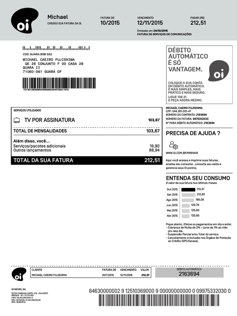 Fatura Oi - 10.2015 | PDF | Telecomunicações | Indústrias de serviços