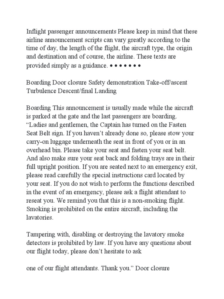 Inflight Announcement Script Guide | PDF | Flight Attendant | Seat Belt