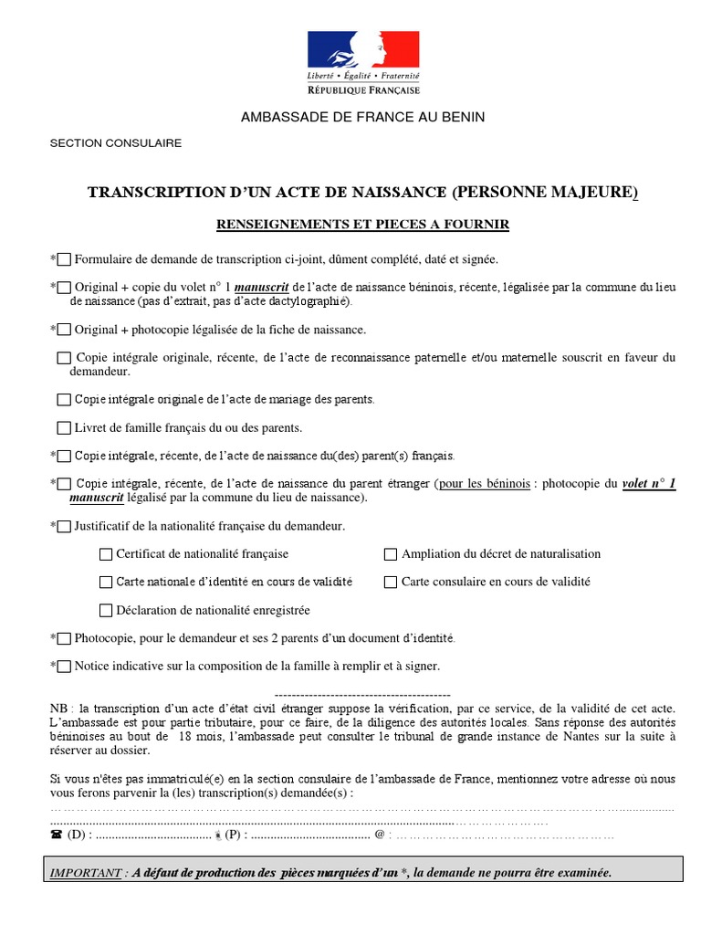 Demande de transcription acte de naissance | PDF | Certificat de ...
