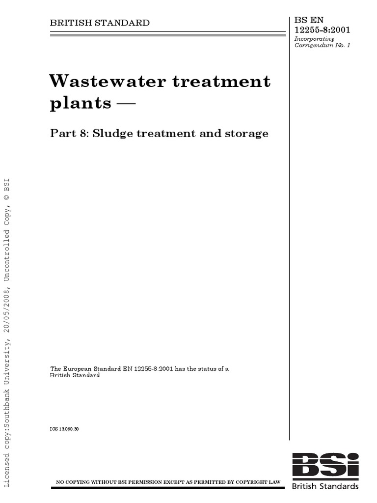 BS en 122558 2001 Waste Water Treatment Plants PDF Sewage