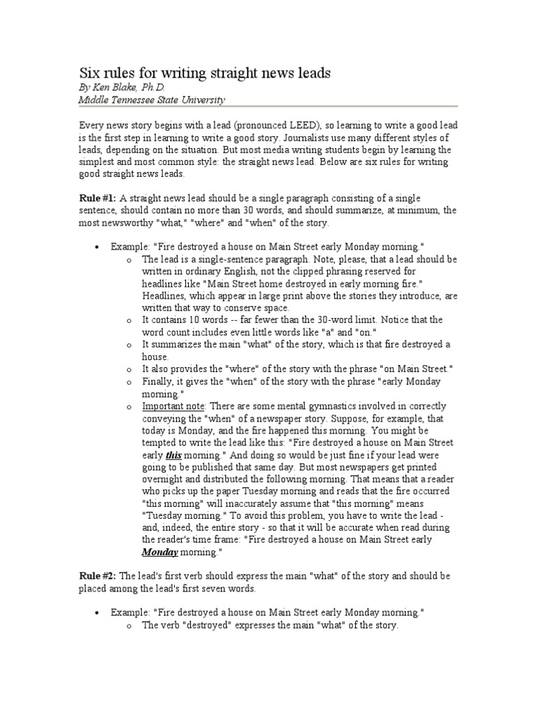 Six Rules For Writing Straight News Leads  PDF  Comma  Verb