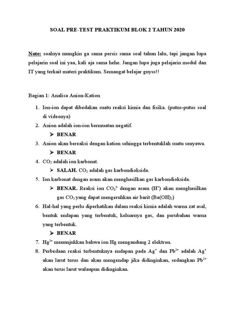Soal Pre Test Praktikum Blok 2 Tahun 2020 Pdf