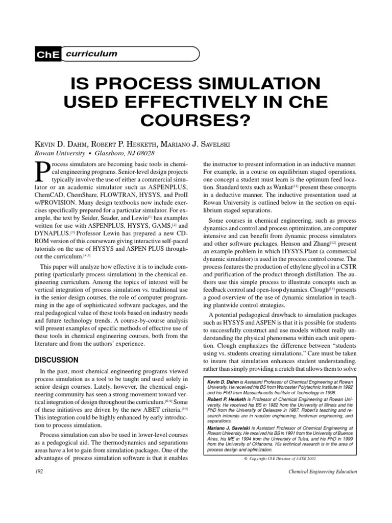 Is Process Simulation Is Used Effectively in ChE Courses | PDF ...