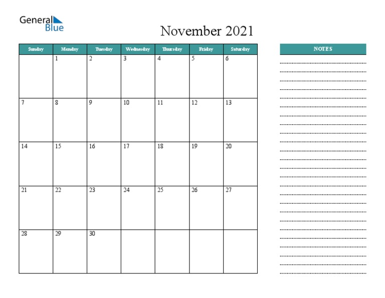2021 11 November Calendar Bluegreen Notes Glandscape en PDF